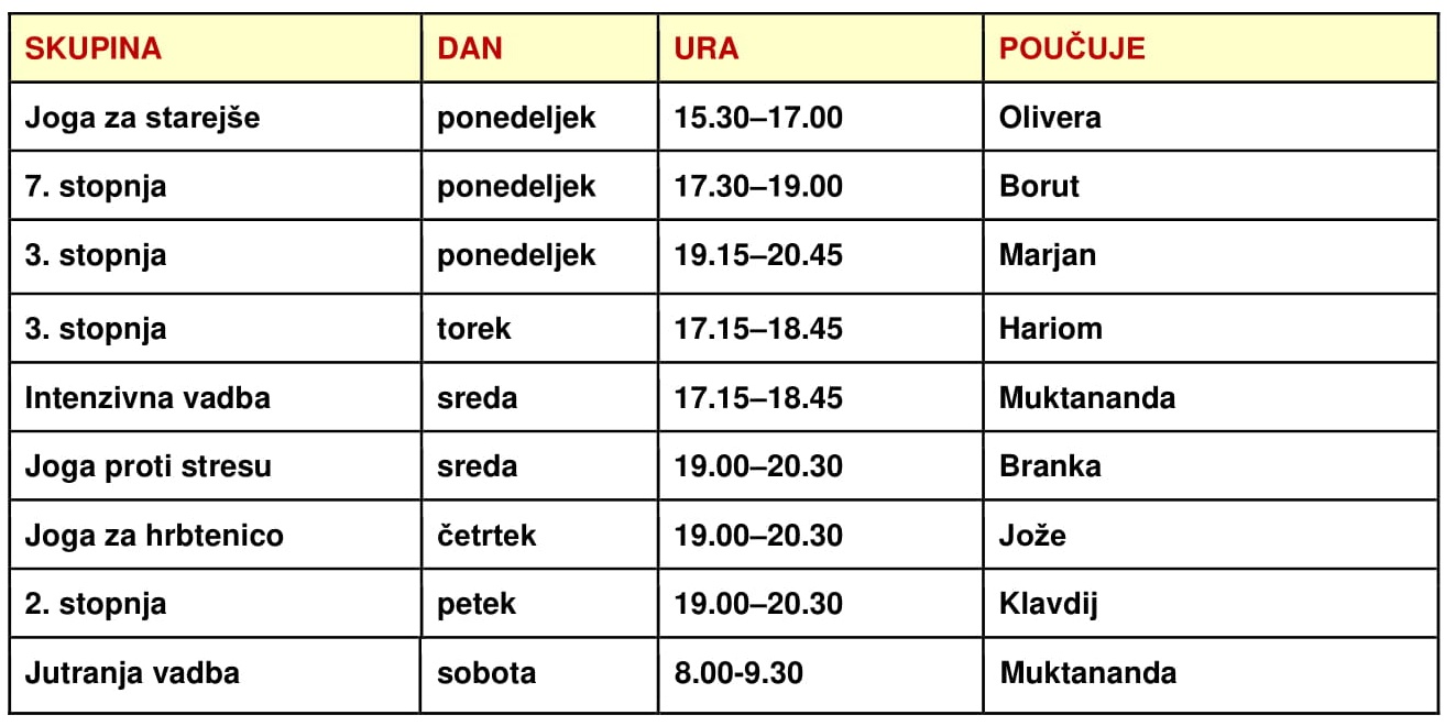 Urnik vadbe joge na daljavo za splet novo